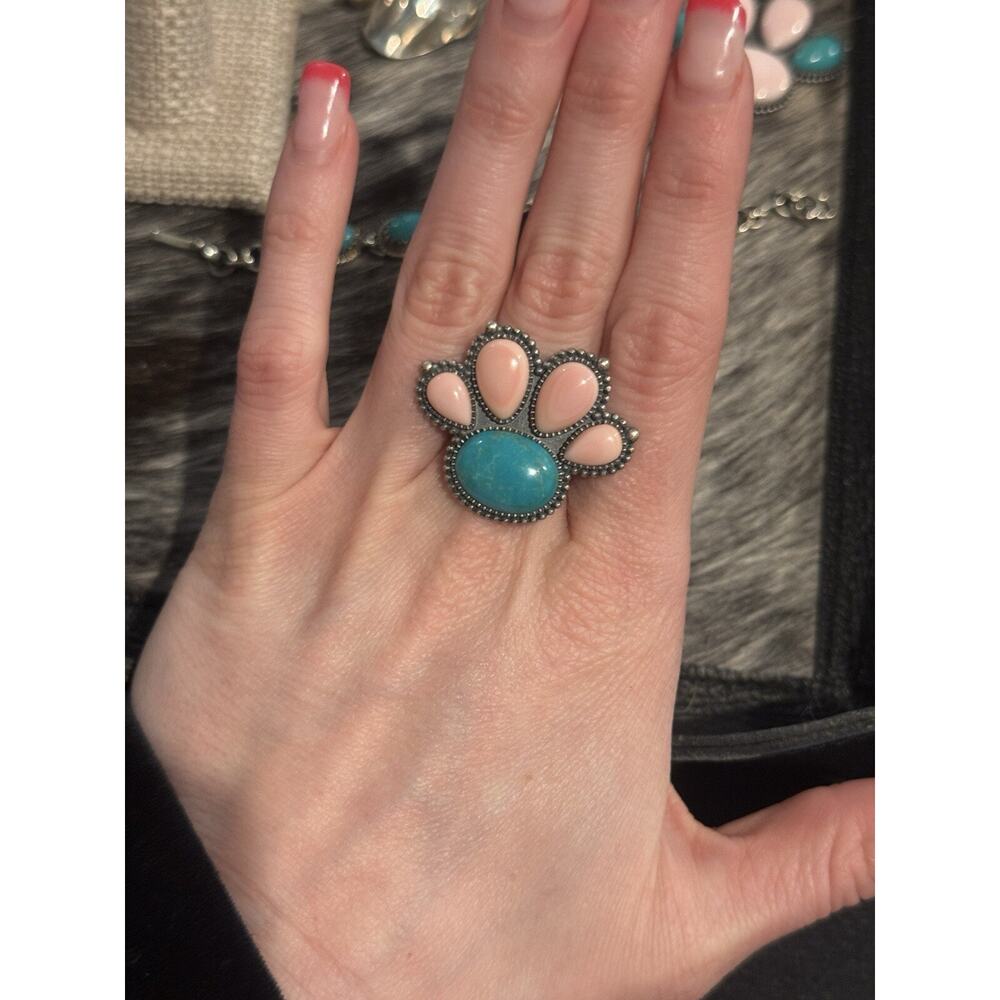 925 Southwest Sterling Silver Queen Pink Conch Turquoise Paw Cluster Ring💗Sz 7